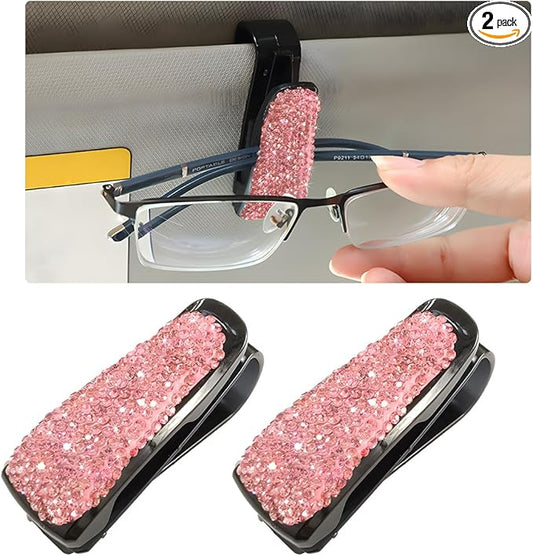 Wevdn 2 PCS Car Sun Visor Glasses Holder, Fashion Bling Car Eyeglasses Sunglasses Hanger for Women Girls, Glasses Holder Clip Hanger Mount with Ticket Card Clip, Car Accessories (Pink)