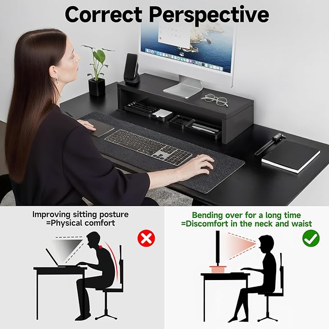 Monitor Stand Riser, Desktop Stand for PC/Laptop/Printer, Wood Monitor Riser with Storage, Computer Stand Keyboard Organizer, Black, 15.7 Inch