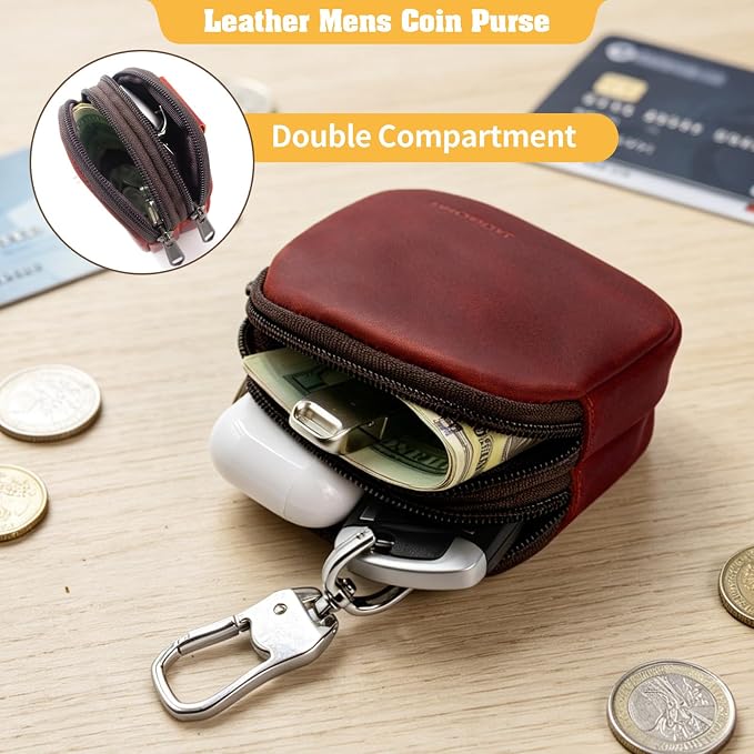 Jack&Chris Coin Purse for Men, Genuine Leather Mini Coin Wallet Zipper Pocket with Back Belt Loop, Coin Bag for Men