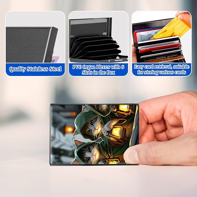 RFID Blocking Credit Card Holder - Slim Metal Wallet for Women & Men,Three Cute Cats Design Stainless Steel Business Card Case,Compact Pocket Organizer for Travel & Daily Use