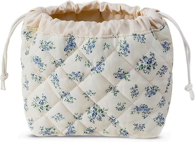 HAPPYHEIDI Large Floral Quilted Cotton Drawstring Makeup Bag Compartment Cosmetic Toiletry Accessory Travel Pouch Purse Organizer, Blue Gourd