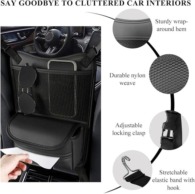 DXNQ Car Organizer Storage Between Seats, Leather Large Capacity Automobile Handbag Hanging Store Content Bag, Auto Console Organizer Holder for Snack Phone Document Storages, Car Accessories (Black)