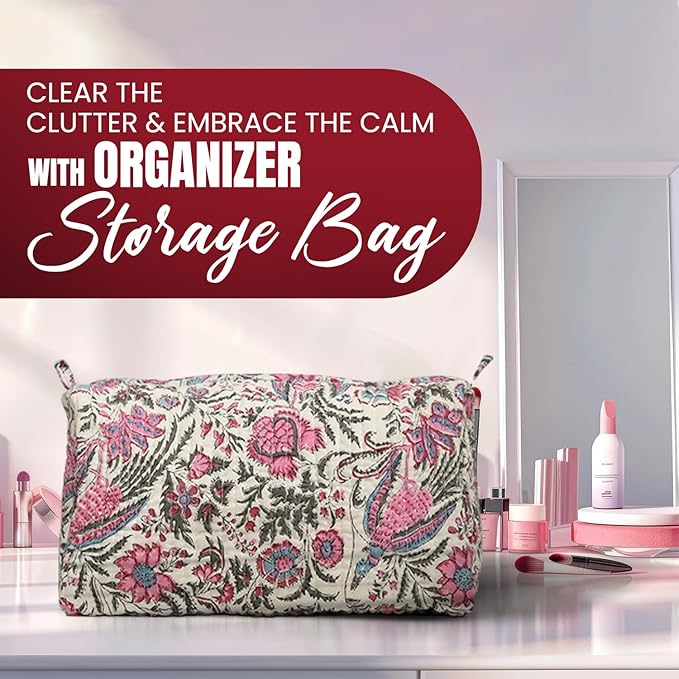 Cotton Hand Block Floral Print Toiletry Bag For Women Make Up Cosmetic Bag Jewelry Organizer Kit Storage Case Travel Accessories Essential Toiletries Purse Pouch (Multi - Set of 3, Small Medium Large)