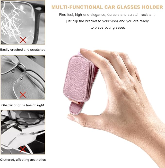 2 PCS Sunglasses Holders for Car Visor, Magnetic Leather Eyeglasses Hanger Mounter Ticket Card Clip, Auto Sun Visor Glasses Holder Business Card Organizer for Men Women (Pink)