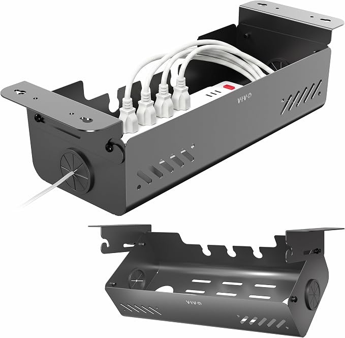 VIVO 19 inch Screw-On Under Desk Cable Management Box with Flip-Open Lid, Easy-to-Open Steel Cord and Power Strip Organizer, Cable Organizer Tray, 11lbs Capacity, Black, DESK-ACMB20-S