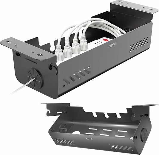 VIVO 19 inch Screw-On Under Desk Cable Management Box with Flip-Open Lid, Easy-to-Open Steel Cord and Power Strip Organizer, Cable Organizer Tray, 11lbs Capacity, Black, DESK-ACMB20-S