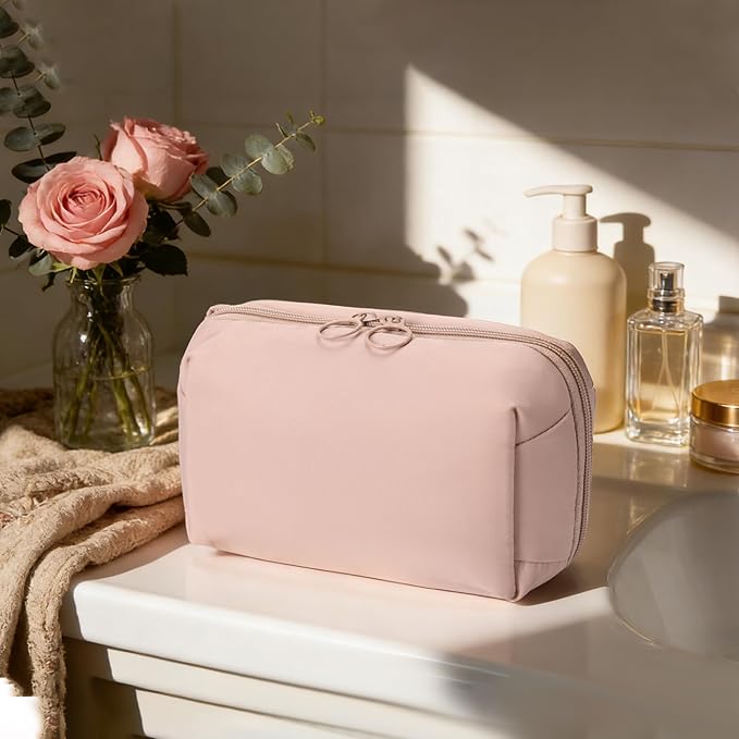 Fabric Cosmetic Bag with Multi-Compartments - Machine Washable Makeup Organizer, Water-Resistant Travel Toiletry Pouch, Lightweight Portable Beauty Bag for Purse Light Pink