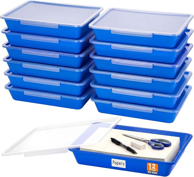 Tinlade 12 Pcs Classroom Paper Storage Bins with Clear Latching Lid, Label Stackable Letter Size Flat Tray Container for Teacher Back to School Supplies Home Office Desk Arts Crafts (Blue,13x10in)