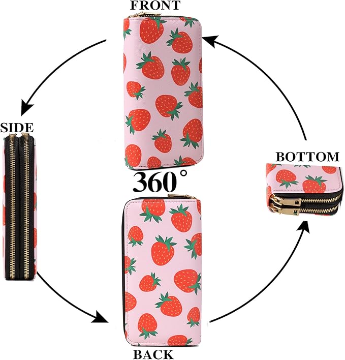 Strawberry Wallets for Women Kawaii Large Capacity 2 Zipper Wallet Cute Ladies Purse Pink Credit Card Holder