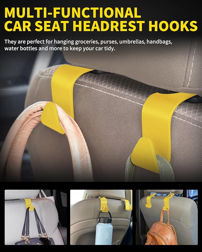 8 Pack Car Seat Headrest Hooks with 44 Pounds Load Capacity, Hangers Storage Organizer Universal Car Interior Accessories for Handbags Water Bottles Purse Coats Umbrellas, Yellow