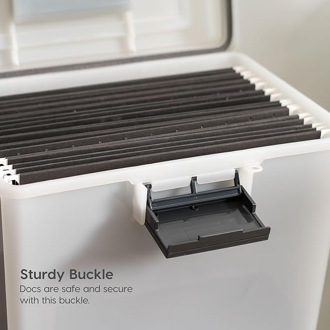 IRIS USA File Box WeatherPro Portable File Organizer Plastic File Box for Letter File w/ Organizer-Lid, Durable Lid and Seal w/ Secure Latching Buckles, Stackable and Nestable, Pearl 19 Qt. 1 Pack