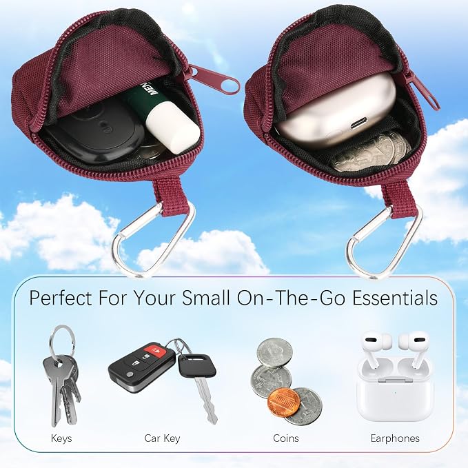Keychain Pouch Coin Pouch Compact EDC Pouches Data Cable Organizer Earphone Earbuds Storage Zipper Case Bag with Clip on Hook for Mini Gear Bag, Change Wallet (Burgundy)