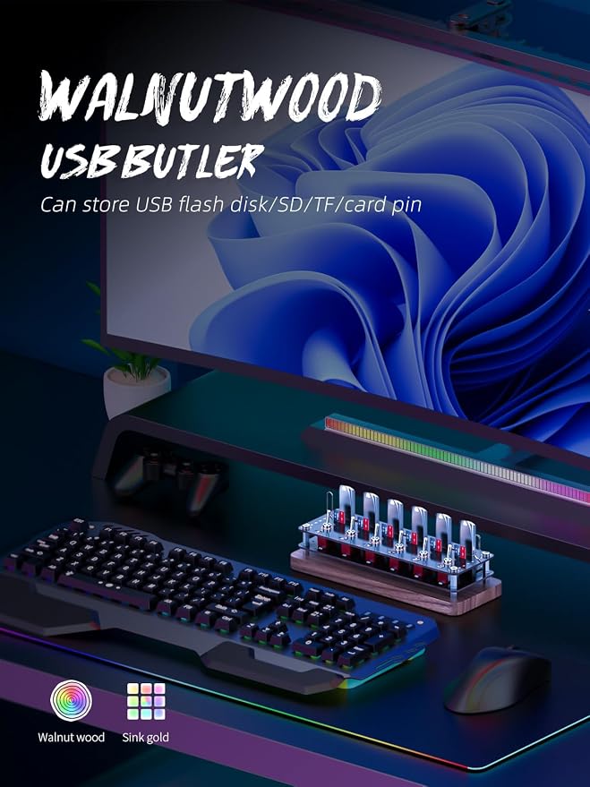 Walnut Cyberpunk USB Docking Station for Independent Switch Control, 6 Port USB2.0 Hub,USB Splitter Expander,USB/SD/TF Card Storage Box,Retro USB Desktop PC Controller-F062