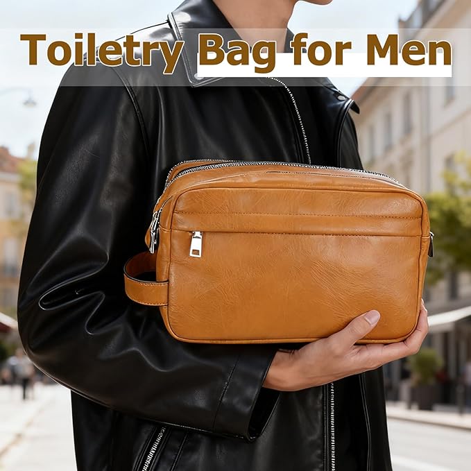 MIRASON Travel Toiletry Bag for Men Thickened Leather Travel Bag for Toiletries, Dopp Kit Water-resistant Shower Bag for Shaving Gym Bathroom Organizer Gifts for Men, Brown