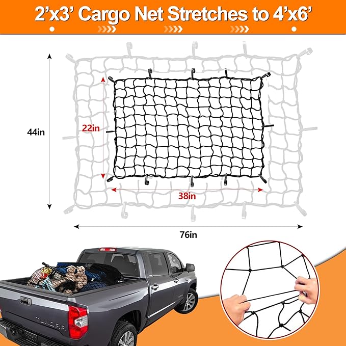 2’x3’ Bungee Cargo Net Stretches to 4'x6' for Truck Bed,Pickup Bed,Trailer,Motorcycle and Bike with 6 Adjustable Hooks Heavy Duty 5mm 2”x2” Mesh Holds Small and Large Loads by Cenipar