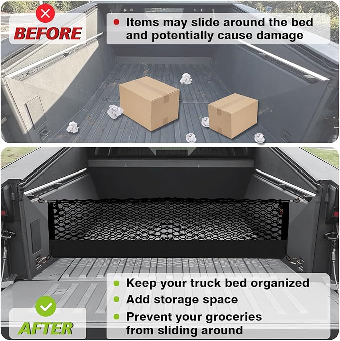 Muslogy Truck Bed Cargo Net Trunk Netting Compatible with Tesla Cybertruck 2024 2025 2026 Accessories, Pickup Cargo Organizer SUV Sedan Storage Net w/Heavy Duty Carabiners