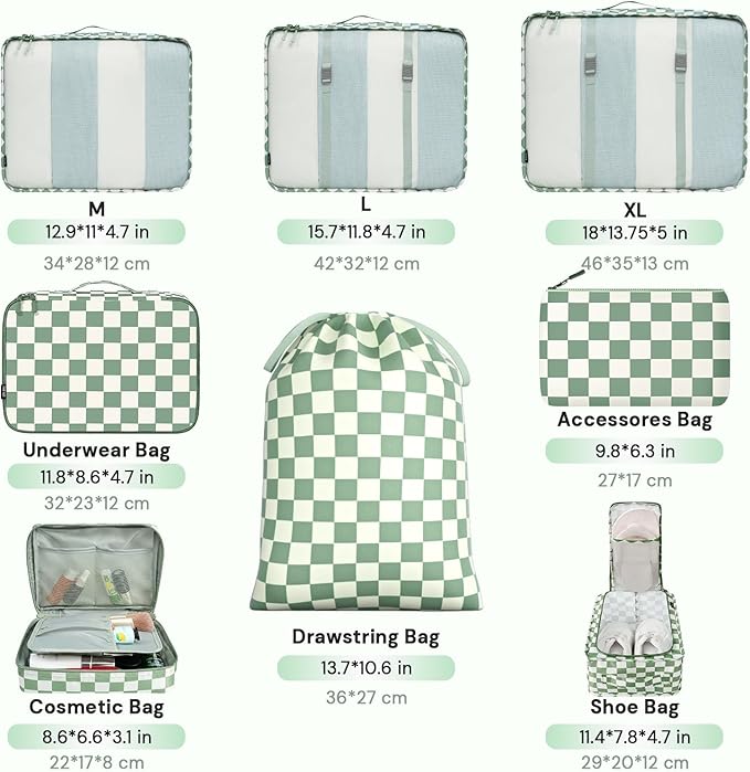 BAGAIL 8 Set Packing Cubes Luggage Packing Organizers for Travel Accessories-Matcha checkered