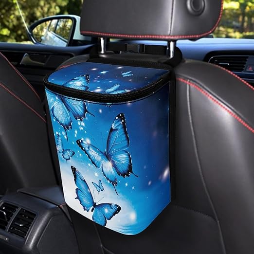 Biyejit Blue Butterfly Car Garbage can with Lid Leak Proof Vehicle Trash Can with Storage Pockets Hanging Waterproof Car Trash Bag for SUV