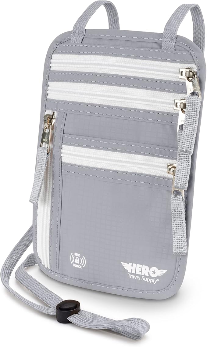 HERO Neck Wallet - RFID Blocking Passport Holder, Easy to Conceal and Pouch (Ash Grey)
