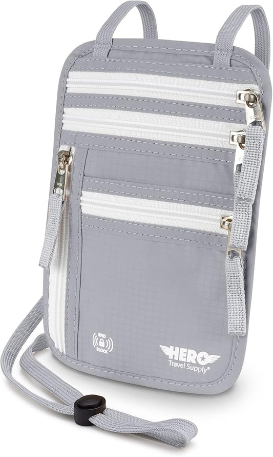 HERO Neck Wallet - RFID Blocking Passport Holder, Easy to Conceal and Pouch (Ash Grey)