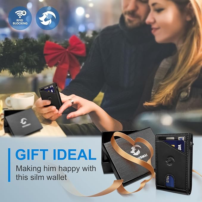 Wallet for Men, Slim Pop Up Card Holder with RFID Blocking, Minimalist Bifold Wallet with 9 Card Slots, ID Window and Cash Pocket, Metal Flip Case with Magnetic Closure, Gift Box