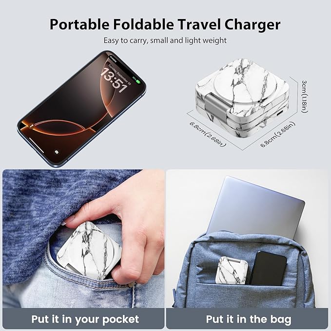 KU XIU X55 Nature Series Fast Magnetic Wireless Charger, Foldable 3 in 1 Charging Station for Apple, Mag-Safe Travel Charger Stand for iPhone 17 16 15 14 13 Series, Apple Watch & AirPods-Marble White