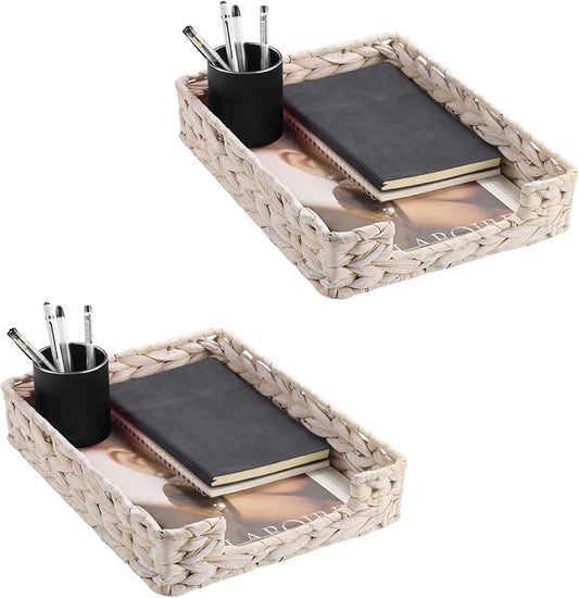 Set of 2 Water Hyacinth Letter Tray for A4 File Desk Mail Letter-Size Paper, Basket Woven Organizer, Magazine Files Storage, Office Document Organizer and Storage,Whitewash