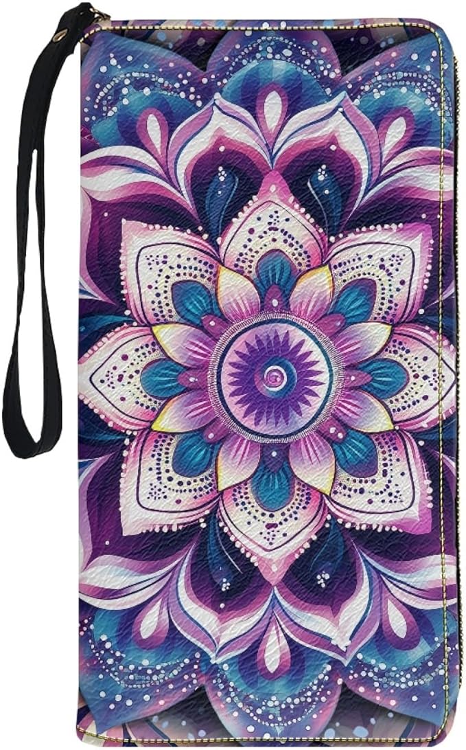 Bulopur Boho Mandala Womens Wallet Wristlet PU Leather Purple Floral Clutch Purses for Ladies Waterproof Phone Holder Zip Around