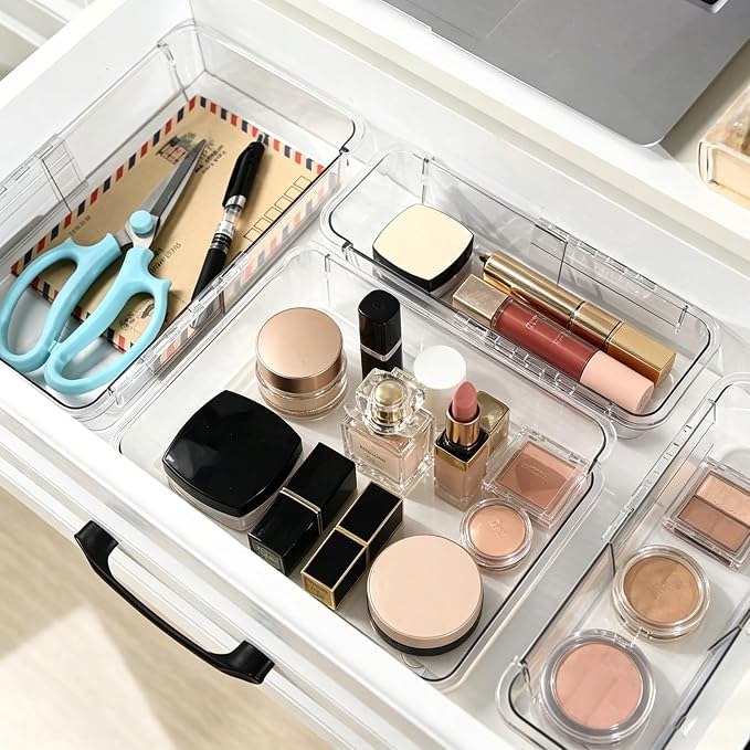 15 PCS Expandable Drawer Organizer Set, Adjustable Acrylic Drawer Dividers, Clear 2-Size Storage Bins for Makeup Organization, Vanity, Desk, Kitchen Drawers