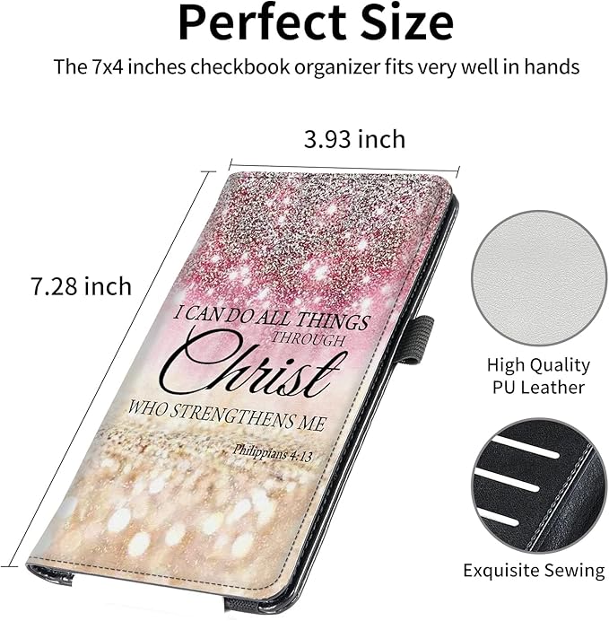 FUYOCWE Leather Checkbook Covers for Men Women Check book Holder Cover Wallets for Personal Checkbook Duplicate Checks with RFID Blocking & Elastic Strap-I can do all things through christ