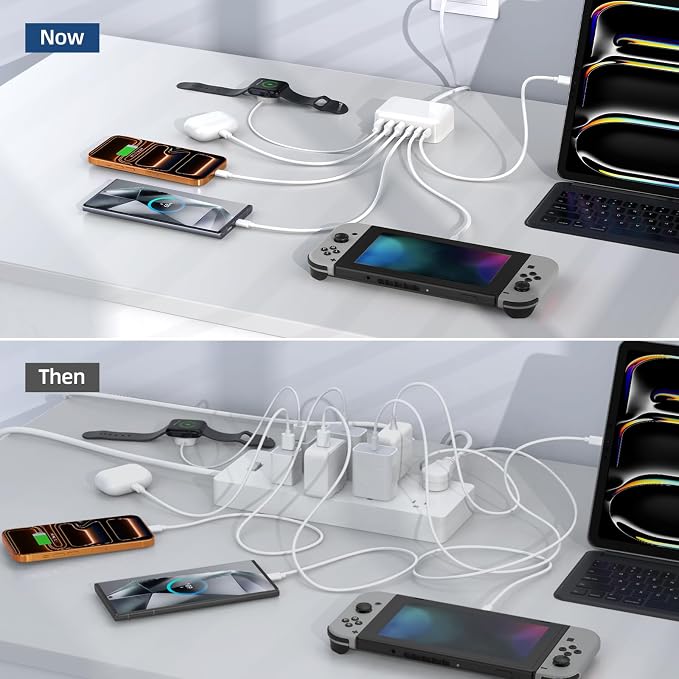 6 in 1 USB Charger, 50% Smaller Charging Station for Multiple Devices, 100W Fast Charging Blocks with Type C Ports, USB Charging Hub Organizer Multiport Power Strip for iPhone, Ipad, Kindle, Travel