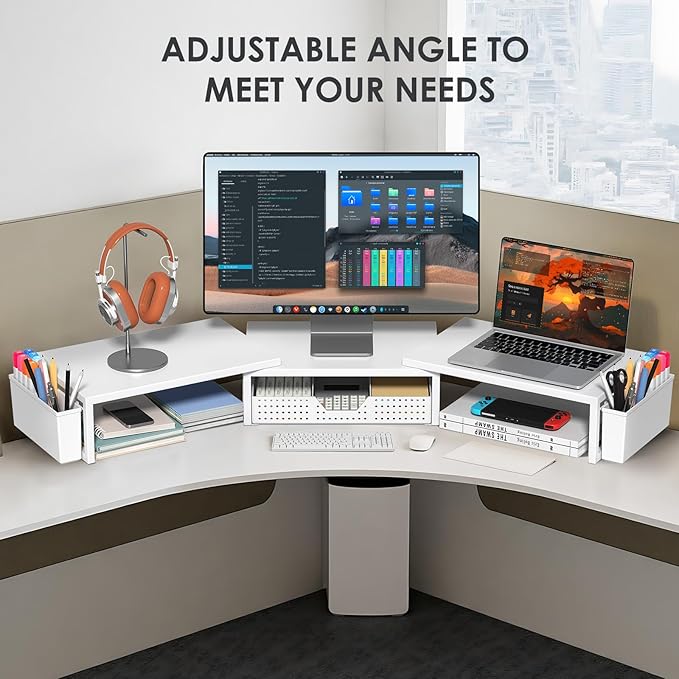 OPNICE Desk Organizers and Accessories, Dual Monitor Stand Riser with Drawer and 2 Pen Holders, Desk Shelf Metal Computer Racks for Office Workspace Organizers, Desktop Organization (White Metal)