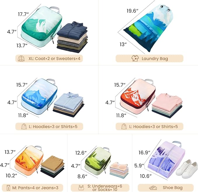 7 Set Compression Packing Cubes for Travel - Compressible/Expandable Luggage Organizer Bags Set, Double Zipper Packing Organizer for Suitcase, Lightweight Travel Essentials Accessories