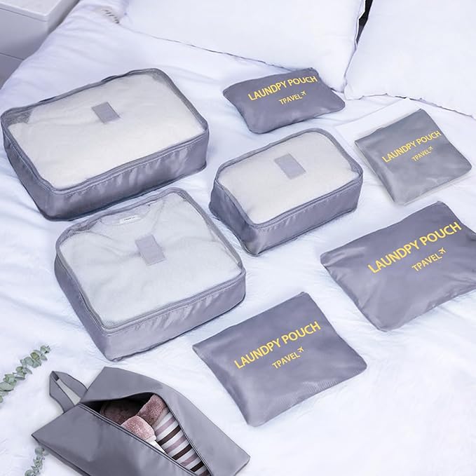8 Set Packing Cubes for Travel Luggage Packing Bags Reusable Waterproof Suitcase Organizer Cubes Set with Shoe Bag and Toiletry Bag (Grey)