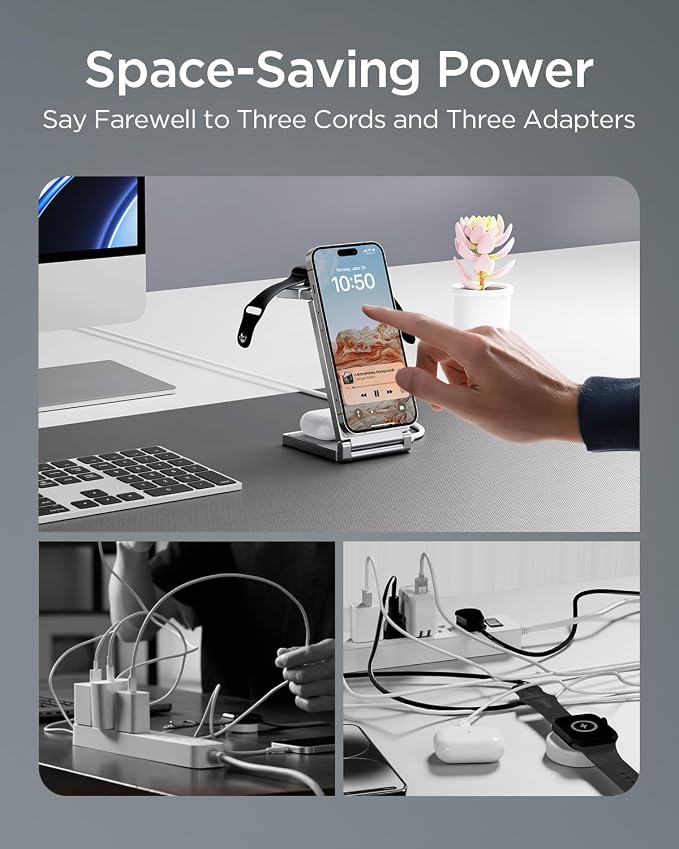 Magnetic Charging Station,Hohosb 3 in 1 Foldable Zinc Alloy Wireless Charger Stand[Compatible with Magsafe Charger] for iPhone 15/14/13/12 Series,AirPods Pro/3/2,Apple Watch/iWatch(Titanium Grey)