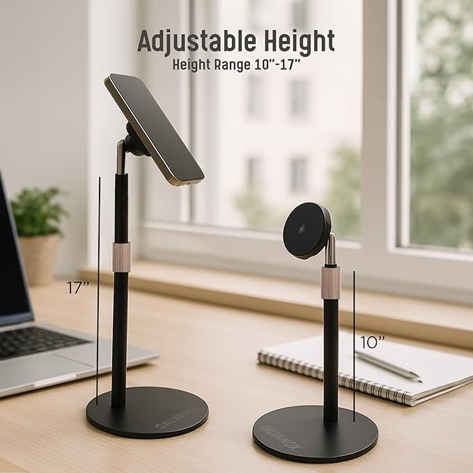 GALVANOX Magnetic Fast-Charging Desk Phone Stand (Adjustable Height) Compatible with MagSafe, Tall Wireless Charger, Heavy Metal Base (15W) Desktop iPhone Holder, Great for Office/Video Calls