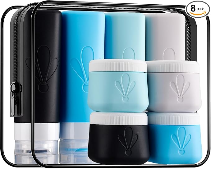 INSFIT travel bottles for toiletries 8 Pack, Leak proof Travel Size Toiletries Containers with toiletry bag, Squeezable Silicone Bottles & Cream Jars, Travel Essentials BPA-Free kit for Shampoo