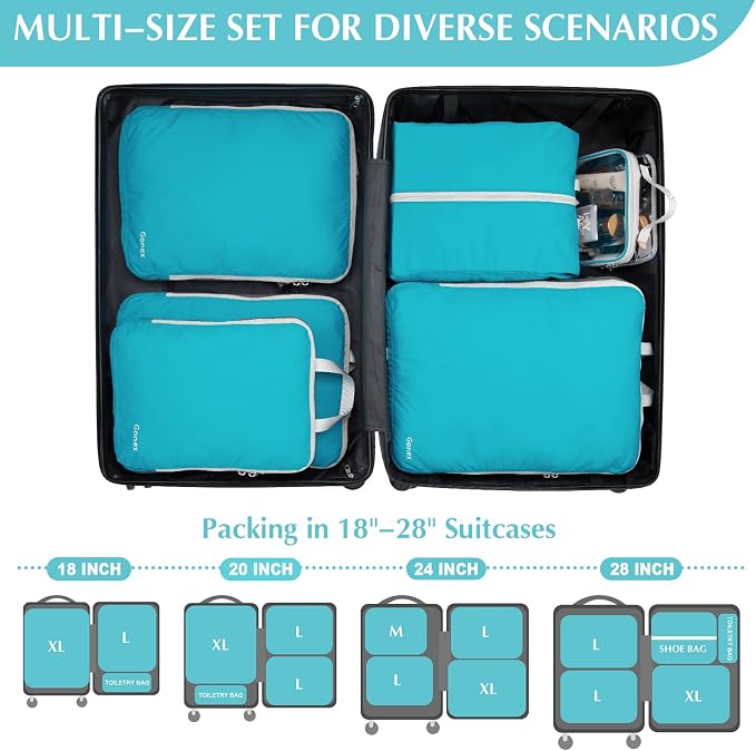 Gonex Compression Packing Cubes, 6pcs Expandable Storage Travel Luggage Bags Organizers with Shoe Bag, Clear Toiletry Bag (Blue)