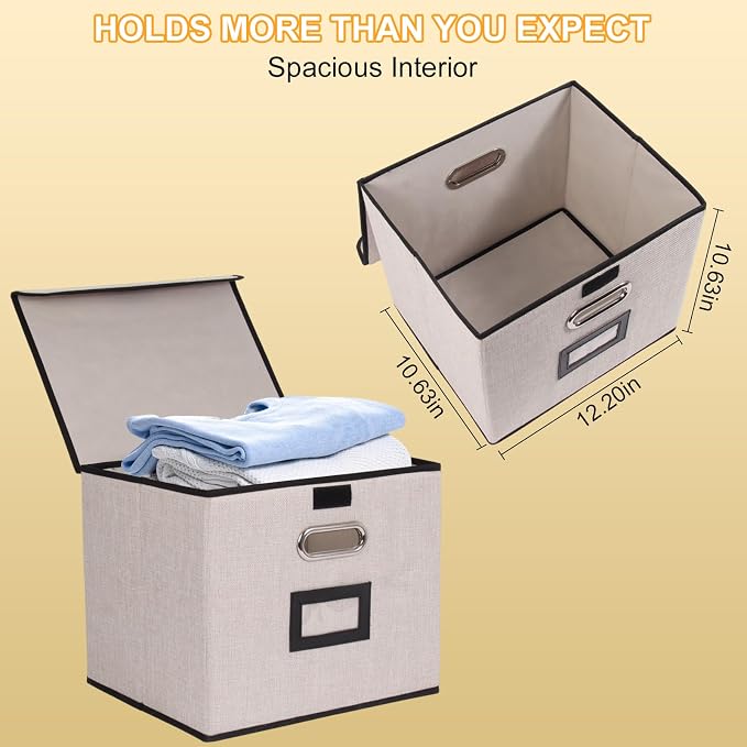 Large Square Storage Bin with Lid, Foldable Organizer Box with Handles & Label Design, for Office, Closet, Home, Documents, Grey, 12.20 x 10.63 x 10.63 Inches, 1 Pack