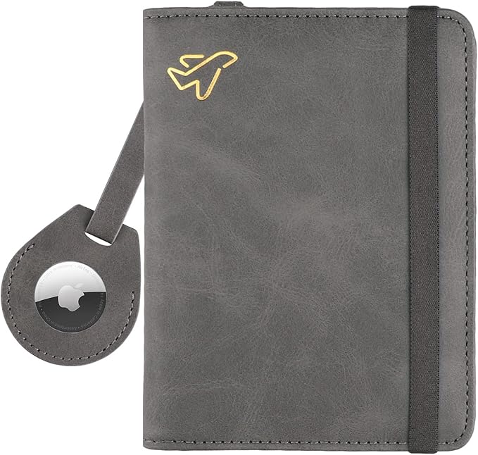 WALNEW AirTag Passport Holder, PU Leather Airtag Wallet RFID Blocking Passport Cover Travel Essentials Case for Women Men (Gray)