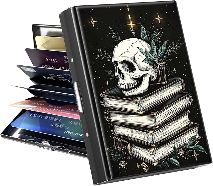 Metal Wallet, Credit Card Holder for Women Men Girls, RFID Blocking Aluminum Wallet Slim Hard Case, Mini Travel Wallet, ID Card Holder Business Card Case,Skull Books