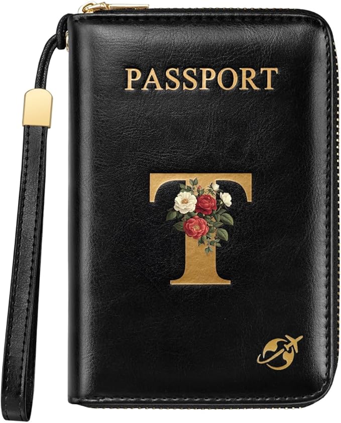 Passport Holder Cover Wallet with Zipper Personalized Initial Letter T Rose Flower RFID Blocking Travel Wallets Credit Cards Holder for Women, Gift for Wife and Girlfriend,T