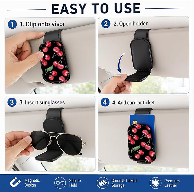 Leather Magnetic Sunglass Holder for Car Sun Visor, Cute Eyeglass Ticket Card Hanger Clip, Universal Auto Interior Accessories for SUV Pickup Truck, Cherry Pattern