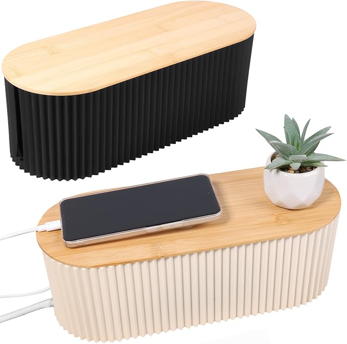 2Pcs Cable Management Box, 13 × 5.12 × 4.33 inch Plastic Cord Hider Box with Wood Lid, Hidden Storage Cord Organizer Box, Ample Internal Space Power Strips Cover Easy Access for Home Office