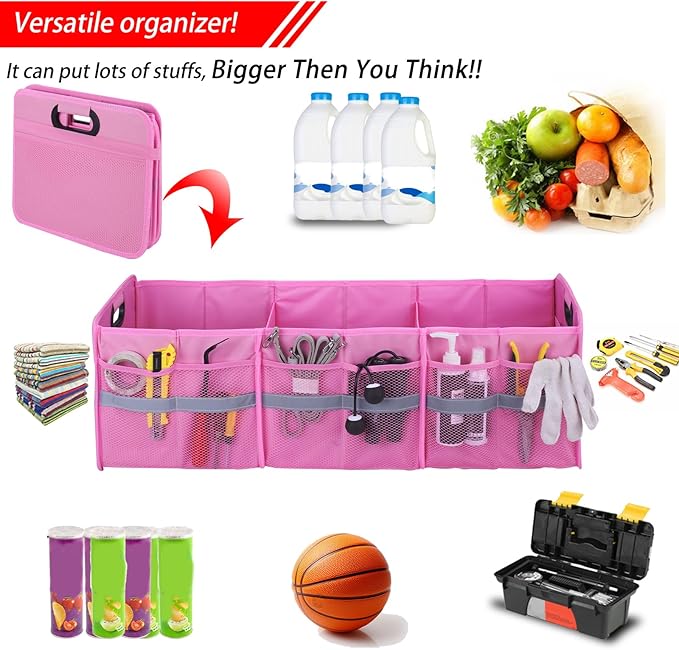 Homeve Large Collapsible Trunk Organizer with Multi Pockets, 3 Compartments Storage Organizer for Car, SUV, Minivan