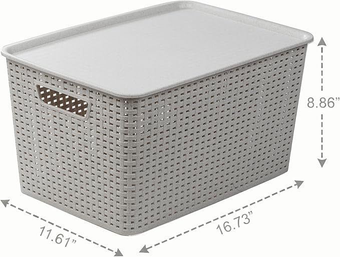 BINO | Plastic Storage Baskets with Lids, 22 Liter - 3 Pack, Natural Grey | THE WOVEN COLLECTION | Storage Basket for Shelves | Woven Storage Baskets for Organizing Bins | Pantry Shelf Organizer Bin