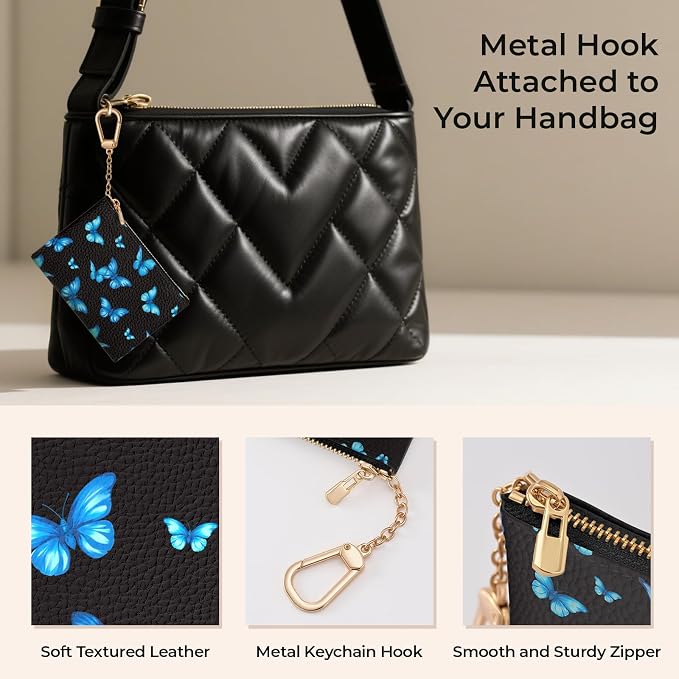 Blue Butterfly Keychain Coin Purse for Women, Small PU Leather Change Pouch, Zipper Little Tiny Travel Wallet for Girls, Cute Kawaii Zip Pocket Coin Holder with Key Ring