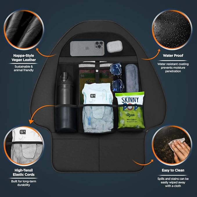 for Tesla Model Y/3 2017-2026 Custom Fitted Seat Back Kick Protector Organizer with Storage Pockets - Rear Passenger Organization for Kids with Zippered Accessories Slots (Black)