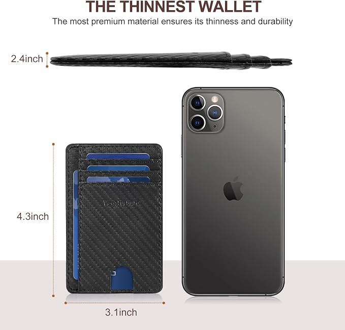Slim Minimalist Front Pocket Thin Wallet RFID Blocking 100% Genuine Leather Credit Card Holder for men Women, with Gift Box-Carbon Fiber Leather Black
