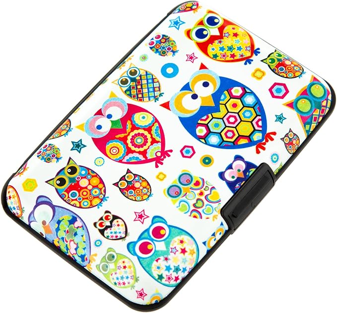 Credit Card Holder for Women Men RFID Blocking Wallet Small Business Metal Slim Mini Aluminum Hard Case (Cute Cartoon Owls)